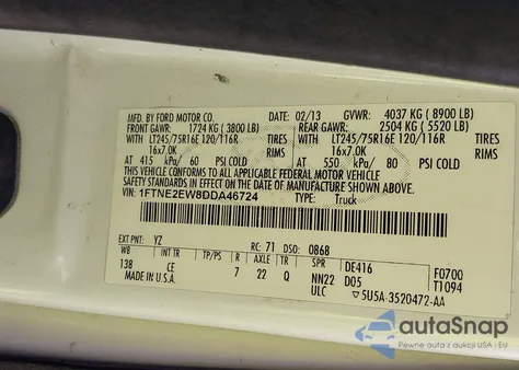 2013 Ford E-250 Commercial from USA, damaged, VIN 1FTNE2EW8DDA46724